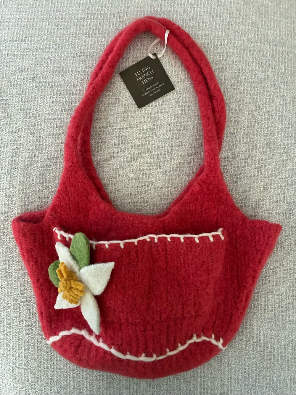 Flying French Hens Red Felt Flower Tote Bag